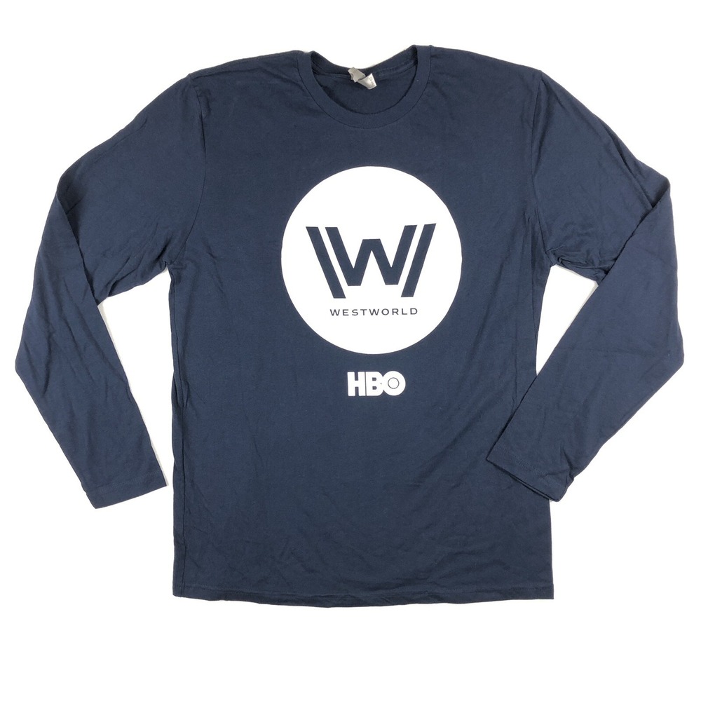 West World Shirt Men Large Blue White Tee Spell Out Big HBO TV Show Promo Adult